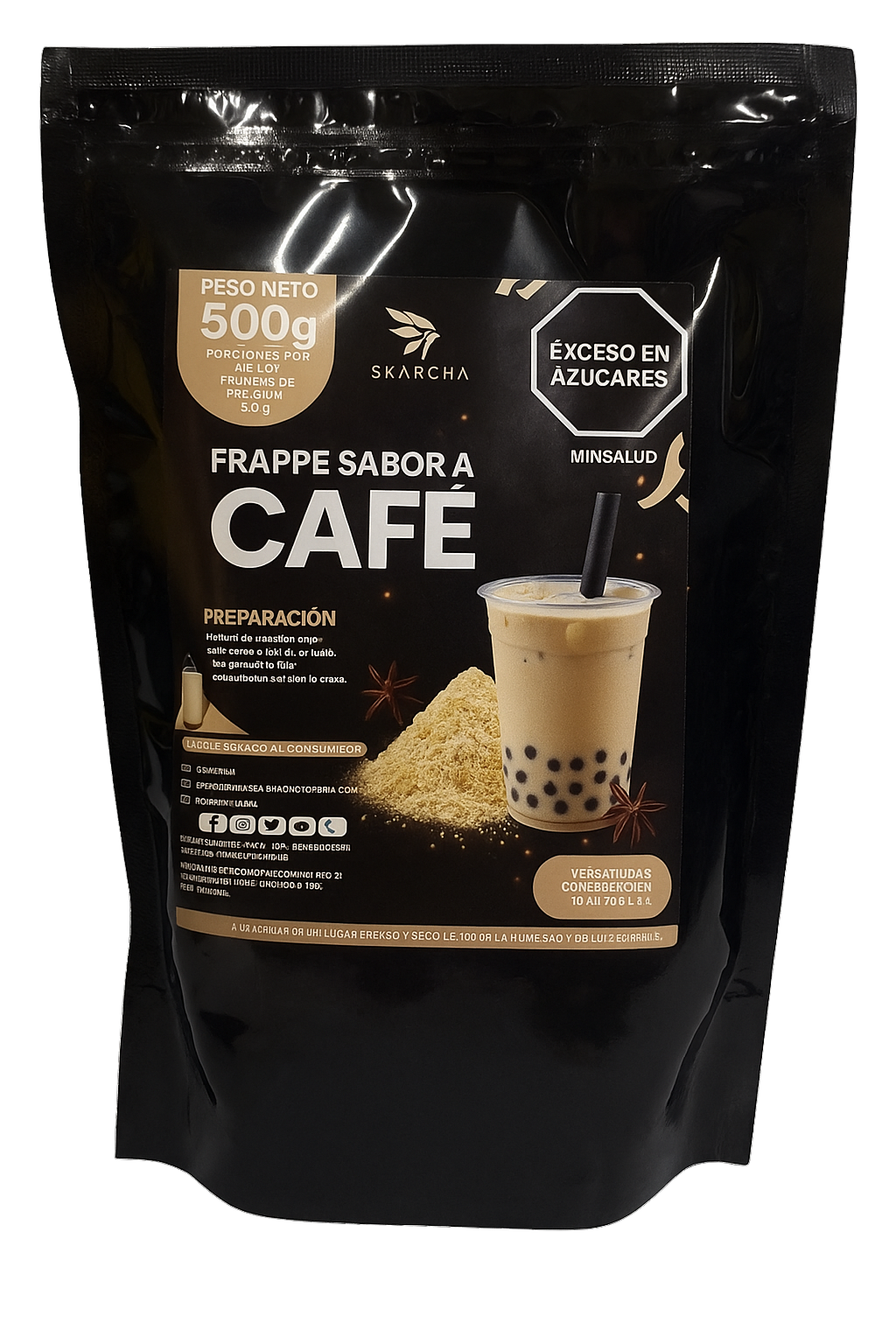 Bolsa mezcla en polvo  frappe-cafe 500g — preparada para bebidas especiales, fondo blanco